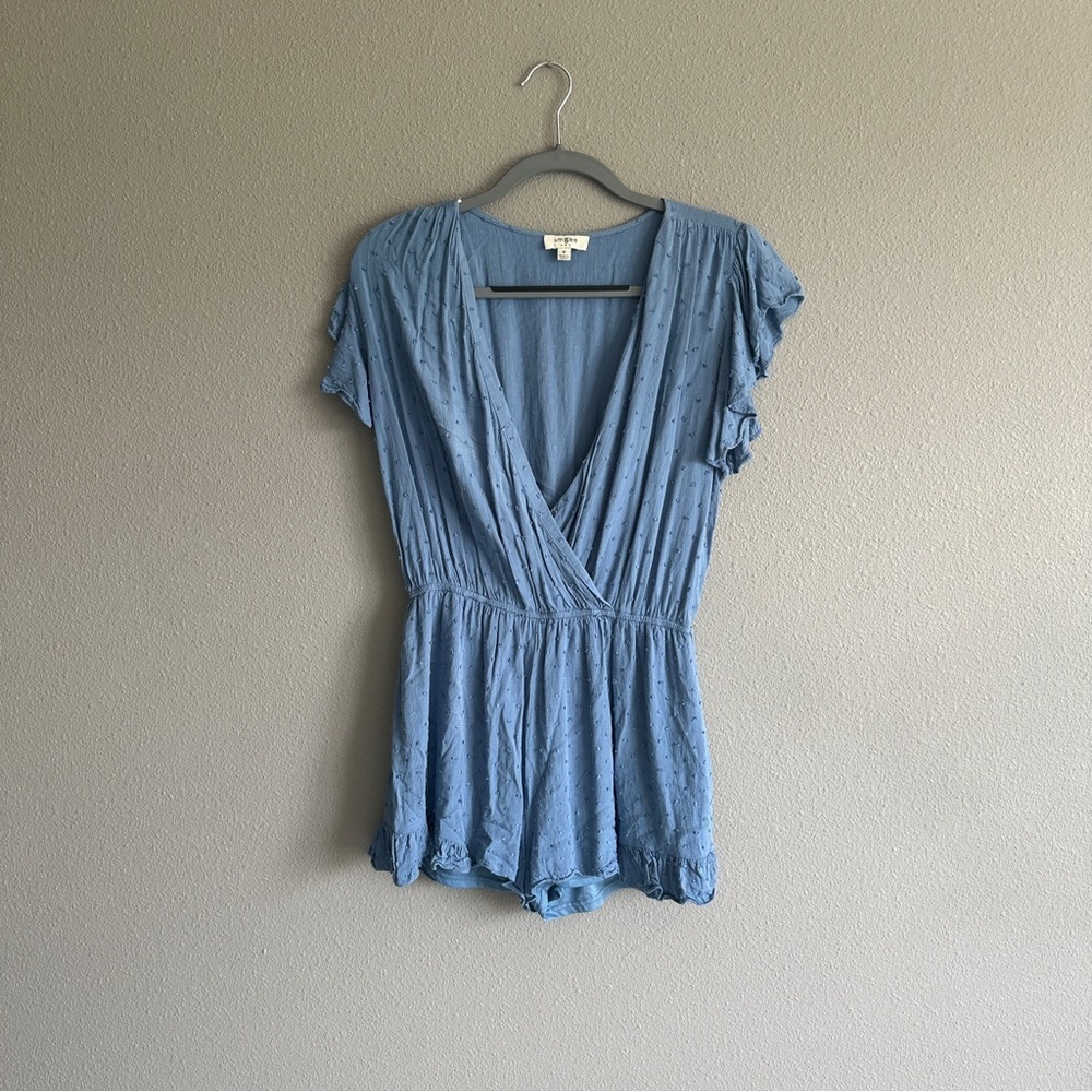 Umgee Blue Textured V Neck Romper Medium
